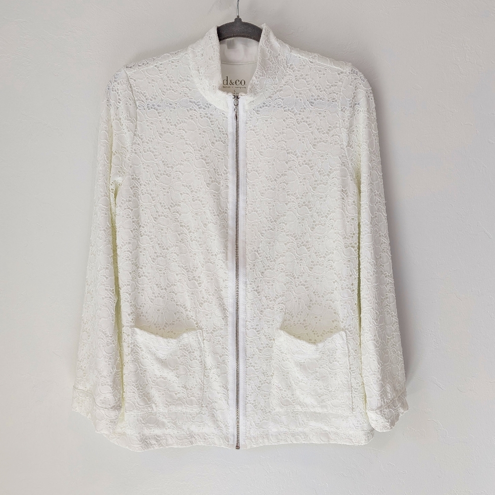D&Co Lace Overlay Jacket Ivory White Zip Front with Pockets Size S. Oversized